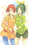  :d casual closed_eyes eyes_closed green_eyes green_hair hair_ornament hand_on_shoulder heart heart_hands heart_hands_duo hino_akane midorikawa_nao multiple_girls open_mouth pants ponytail precure red_eyes red_hair redhead shirt short_hair shorts smile smile_precure! toromi_chuuka white_background 