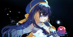 1girl apple beret black_background black_gloves black_hair black_hat blonde_streaks blue_eyes blue_shirt capelet commentary_request crossed_bangs food fruit gloves gold_trim hair_between_eyes hands_up hat highres holding holding_food holding_fruit idol_clothes layered_shirt long_hair long_sleeves looking_at_viewer multicolored_hair nijisanji nijisanji_en nijisanji_idol_uniform open_mouth petra_gurin shiroi_yuki_no_princess_wa_(vocaloid) shirt skin_tight sleeve_cuffs snowflakes solo streaked_hair two-tone_hair upper_body virtual_youtuber white_shirt wzoarrylmovmuju 