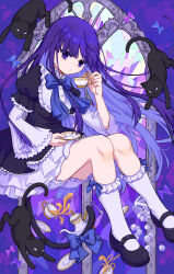  1girl absurdres black_cat blue_eyes blue_hair cat closed_mouth commentary_request cup dress floating frederica_bernkastel frilled_dress frills gothic_lolita highres lolita_fashion long_hair mary_janes shoes socks tea teacup teapot umineko_no_naku_koro_ni white_socks yutsuko 