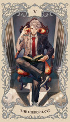  1boy amaguni_hitoya black_jacket black_pants black_shoes black_socks book border brown_border card_(medium) chair collared_shirt commentary_request curly_hair figure_four_sitting finger_gun fingernails fukeda_chiho full_body green_eyes grey_border grey_hair hand_up highres holding holding_book hypnosis_mic indoors jacket leather leather_jacket long_sleeves looking_at_viewer male_focus mature_eyes mature_male mole mole_under_eye multicolored_jacket multicolored_shoes necktie on_chair open_book open_clothes open_jacket ornate_border pants red_necktie ribbed_socks shirt shirt_tucked_in shoes short_hair sitting smirk smug socks solo stone_pillar straight-on tarot tarot_(medium) the_hierophant_(tarot) tile_floor tiles twitter_username two-tone_jacket two-tone_shoes v-shaped_eyebrows very_short_hair white_jacket white_shirt white_shoes wooden_chair zipper zipper_pull_tab 