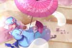  fan folding_fan greetload hat highres hitodama oriental_umbrella pink_eyes pink_hair saigyouji_yuyuko sakazuki short_hair smile solo touhou umbrella 