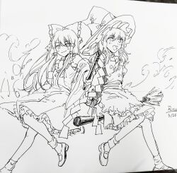  2girls :d aihara-rina apron ascot blush bow braid chinese_commentary closed_mouth commentary_request dated detached_sleeves frilled_bow frilled_hair_tubes frilled_skirt frills gohei greyscale hair_bow hair_tubes hakurei_reimu hat hat_bow highres holding holding_gohei kirisame_marisa long_hair looking_at_viewer mary_janes monochrome multiple_girls photo_(medium) ribbon-trimmed_sleeves ribbon_trim shoes side_braid signature single_braid skirt smile socks touhou traditional_media vest waist_apron witch_hat 