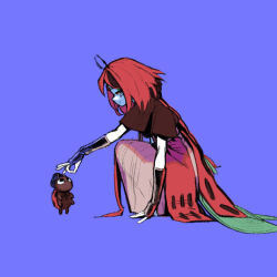  1girl antennae arthropod_girl beastiez beetle_elytra beri_(beribug) black_hair black_sclera black_shirt braid braided_ponytail bug chima_(clothes) colored_sclera colored_skin extra_arms fingerless_gloves gloves grey_skin insect_wings jeogori_(clothes) ladybug ladybug_girl ladybug_wings looking_down monster_girl multicolored_hair purple_background red_eyes red_hair sedua_weynn shirt smile solo virtual_youtuber wings 