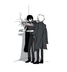  1boy 1girl black_coat black_hair black_pants black_shoes black_vest coat coat_on_shoulders commentary_request crack cracked_wall faust_(project_moon) grey_sweater hetero kabedon korean_commentary limbus_company mangsug12_40 pants project_moon ribbed_sweater shoes short_hair sweater vest white_background white_hair yi_sang_(project_moon) 