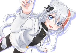  1girl :d animal_ear_fluff animal_ears asagi501 black_bow black_sweater black_thighhighs blue_eyes blue_nails bow breasts cat_ears cat_girl cat_tail character_request collared_sweater commentary_request cowboy_shot dutch_angle hair_between_eyes hair_bow hands_up heart heart_necklace high_collar highres hood hood_down hooded_jacket jacket jewelry large_breasts light_blush long_hair multicolored_hair necklace original partially_open_jacket pink_nails red_hair smile solo streaked_hair sweater tail thigh-highs turtleneck turtleneck_sweater two-tone_hair vrchat white_background white_hair white_jacket 