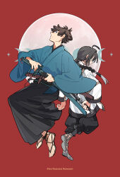 1boy 1other absurdres ahoge back-to-back black_hair black_hakama black_pants blue_eyes blue_kimono braid braided_ponytail brown_eyes brown_hair chinese_commentary closed_mouth commentary_request copyright_name crescent dual_wielding fate/samurai_remnant fate_(series) full_body full_moon hakama hakama_pants highres holding holding_sword holding_weapon jacket japanese_clothes katana kimono long_hair long_sleeves looking_ahead looking_at_viewer luciaicefish miyamoto_iori_(fate) moon moon_phases pants red_background sandals sheath sheathed simple_background single_braid sword toes topknot waraji weapon white_jacket wide_sleeves yamato_takeru_(fate) 