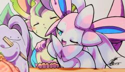  025aki absurdres blue_eyes chopsticks closed_eyes dated ditto highres holding holding_chopsticks leafeon no_humans one_eye_closed open_mouth pink_fur pokemon pokemon_(creature) signature sylveon white_fur 