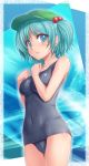  alternate_costume aqua_hair bare_shoulders blue_eyes blush breasts clothed_navel embarrassed hair_bobbles hair_ornament hat highres irudana kawashiro_nitori lips looking_at_viewer navel school_swimsuit school_uniform short_hair skin_tight solo swimsuit touhou twintails 