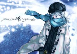  1boy black_cardigan black_gloves black_hat black_pants blue_scarf cardigan closed_eyes coat commentary duffel_coat english_text gloves hat long_sleeves male_focus newsboy_cap nu_punxxxz open_clothes open_coat original pants scarf snowing solo untranslatable_commentary wallet_chain white_coat white_hair 