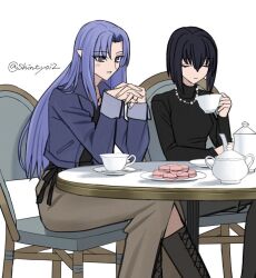  2girls artist_name black_hair blue_hair boots cup fate/stay_night fate_(series) kuonji_alice long_hair mahou_tsukai_no_yoru medea_(fate) multiple_girls shintyoi2 signature tea teacup twitter_username 