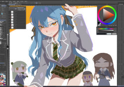  4girls absurdres art_program_in_frame bang_dream! bang_dream!_it's_mygo!!!!! black_ribbon blonde_hair blue_hair blue_shirt blue_skirt blush brown_hair chinese_commentary clenched_teeth collar commentary_request cucumber diagonal-striped_clothes diagonal-striped_necktie green_hair green_necktie grey_jacket hair_ribbon haneoka_school_uniform highres holding holding_whip jacket kekego long_hair long_sleeves misumi_uika multiple_girls nagasaki_soyo necktie open_mouth plaid_clothes plaid_skirt red_collar ribbon school_uniform shirt sidelocks skirt striped_clothes striped_necktie sweatdrop teeth togawa_sakiko tsukinomori_school_uniform violet_eyes wakaba_mutsumi whip yellow_eyes 