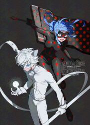  1boy 1girl absurdres adrien_agreste animal_ears bell black_background black_bodysuit black_mask blue_hair blue_sclera bodysuit cat_ears chat_blanc colored_sclera commentary_request eye_mask greatsword highres holding holding_staff holding_sword holding_weapon ladybug_(miraculous_ladybug) marinette_dupain-cheng mask miraculous_ladybug neck_bell polka_dot_bodysuit seio_(nao_miragggcc45) slit_pupils staff sword twintails watermark weapon white_bodysuit white_eyes white_hair 