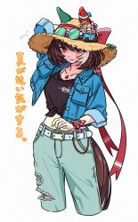  1girl animal_ears appleq arm_behind_head belt black_shirt blue_jacket blush breasts brown_hair closed_mouth collarbone ear_covers ears_through_headwear eyewear_on_headwear flying_sweatdrops green_pants hair_between_eyes hand_puppet hat highres horse_ears horse_girl jacket jewelry marche_lorraine_(umamusume) midriff mismatched_ear_covers necklace open_clothes open_jacket pants puppet shirt short_hair smile solo straw_hat sun_hat sunglasses tied_shirt tinted_eyewear torn_clothes torn_pants umamusume violet_eyes white_belt 