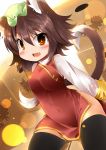  adapted_costume animal_ears black_legwear blush box brown_hair cardboard_box cat_ears cat_tail chen chinese_clothes fang hat highres koha open_mouth orange_eyes short_hair solo tail thigh-highs thighhighs touhou yamato_transport 