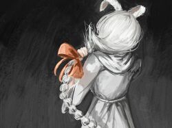  1girl animal_ears artist_name black_souls black_souls_2 braid braided_ponytail commentary cutting_hair dress facing_away from_behind gradient_background grey_dress hair_ribbon highres holding holding_knife hood hood_down hooded_dress isshi_47 knife long_braid long_hair long_sleeves node_(black_souls) rabbit_ears rabbit_girl red_ribbon ribbon robe single_braid solo twitter_username upper_body very_long_hair white_dress white_hair white_robe 