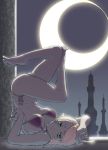  :&lt; awkward_pose barefoot bikini bikini_top blonde_hair breasts colored_eyelashes crescent_moon feet green_eyes jitome long_hair looking_at_viewer moon night original pointy_ears silhouette solo swimsuit tower ueyama_michirou upside-down 