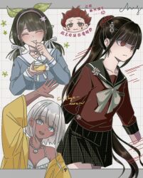  1boy 3girls alternate_hairstyle bell bikini black_hair blue_eyes blunt_bangs blush bob_cut bow bowtie breasts brown_hair chabashira_tenko choker chy0113 closed_eyes commentary cropped_torso danganronpa_(series) danganronpa_v3:_killing_harmony dark-skinned_female dark_skin eating eyelashes facial_mark flower_symbol food food_in_mouth ganguro grid_background gyaru hair_ornament hair_ribbon hair_scrunchie hair_slicked_back hairband happy harukawa_maki high_ponytail highres hisoka_morow hunter_x_hunter jewelry letterboxed long_hair long_sleeves looking_at_viewer low_twintails medium_hair mole mole_under_eye motion_lines multiple_girls neck_bell necklace open_mouth pink_choker pink_hairband pleated_skirt ponytail pudding raincoat red_eyes red_hair red_scrunchie red_shirt ribbon sailor_collar school_uniform scrunchie shell shell_necklace shirt short_hair skirt smile star_(symbol) star_facial_mark swimsuit tattoo teardrop_facial_mark teardrop_tattoo twintails very_long_hair waving white_bow white_bowtie white_hair yellow_raincoat yonaga_angie 