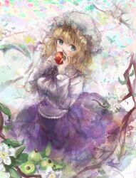  1girl apple blonde_hair blue_eyes blush branch commentary covered_mouth food frilled_shirt_collar frills fruit hat highres holding holding_food holding_fruit leaf long_sleeves maribel_hearn medium_hair mob_cap neck_ribbon purple_ribbon purple_skirt ribbon shirt skirt solo touhou uwazumi white_hat white_shirt 