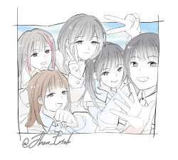  5girls aoki_hina bang_dream! bang_dream!_it's_mygo!!!!! black_hair blue_eyes blush brown_eyes brown_hair chihaya_anon closed_mouth commentary_request grey_hair hayashi_coco highres jhonnpro kaname_raana kohinata_mika long_hair long_sleeves looking_at_viewer multiple_girls mygo!!!!!_(bang_dream!) nagasaki_soyo open_mouth real_life red_skirt shiina_taki skirt takamatsu_tomori tateishi_rin v violet_eyes voice_actor voice_actor_connection waving youmiya_hina 