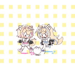  2girls animal_ear_fluff animal_ears bandaid bandaid_hair_ornament belt black_jacket blonde_hair blue_belt blush_stickers chibi chibi_only commentary creature dog_ears dog_girl dog_tail fake_horns fishnet_socks fishnets full_body fur-trimmed_jacket fur_trim fuwawa_abyssgard fuwawa_abyssgard_(1st_costume) hair_ornament hairclip hololive hololive_english horns jacket long_hair looking_at_another mococo_abyssgard mococo_abyssgard_(1st_costume) multicolored_hair multiple_girls open_clothes open_jacket parallel_hairclips paw_print perroccino_(fuwamoco) pink_belt saisasae short_hair siblings single_fishnet_legwear sisters socks streaked_hair tail twins walking x_hair_ornament 