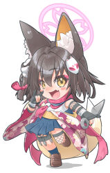  1girl :d absurdres animal_ear_fluff animal_ears asymmetrical_legwear black_gloves blue_archive blue_sailor_collar blue_skirt blush_stickers brown_hair brown_shoes cherry_blossom_print chibi chibi_only commentary double_fox_shadow_puppet extra_ears eyelashes eyeshadow fang fishnet_thighhighs fishnets floral_print floral_print_kimono fox_ears fox_girl fox_hair_ornament fox_shadow_puppet fox_tail full_body gloves hair_between_eyes hair_intakes hair_ornament halo hand_up happy highres holding holding_kunai holding_weapon izuna_(blue_archive) japanese_clothes kimono kunai loafers long_sleeves looking_at_viewer makeup medium_hair miniskirt neckerchief one_side_up open_mouth outstretched_arm partially_fingerless_gloves pink_eyeshadow pink_halo pink_kimono pink_neckerchief pleated_skirt pom_pom_(clothes) pom_pom_hair_ornament print_kimono sailor_collar school_uniform serafuku shirt shoes simple_background single_thighhigh skin_fang skirt sleeveless sleeveless_shirt smile solo standing standing_on_one_leg tail thigh-highs tomonx weapon white_background white_shirt wide_sleeves yellow_eyes 