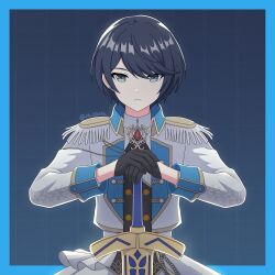  1girl aiguillette alternate_hair_length_(shorter) androgynous black_gloves black_hair blue_background blue_border blue_eyes border buttons closed_mouth commentary dot_nose double-breasted earrings english_commentary epaulettes excalibur_(fate/stay_night) expressionless gem gloves grid_background half_gloves hand_on_hilt highres hoshino_ichika_(project_sekai) ja_10032 jacket jewelry lapels looking_at_viewer military_uniform official_alternate_costume official_alternate_hairstyle open_clothes open_jacket ouji_fashion outside_border planted planted_sword project_sekai red_gem relax_teatime_(project_sekai) shirt short_hair sidelocks simple_background solo straight-on sword twitter_username upper_body weapon white_jacket white_shirt 