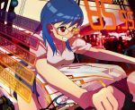  1girl arcade arcade_cabinet bad_id bee_(the-bee8607) blue_hair breasts countdown female glasses grin long_hair motor_vehicle motorcycle original playing_games red_eyes smile solo vehicle 