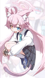  1girl :d absurdres ahoge animal_ear_fluff animal_ears black_gloves black_skirt blue_archive blue_eyes blue_shoes blush cat_ears cat_girl cat_tail collared_shirt commentary_request cross-laced_shoes dress_shirt fang fingerless_gloves full_body gloves hair_between_eyes halo heterochromia highres hoshino_(blue_archive) hugging_own_legs interlocked_fingers invisible_chair kemonomimi_mode kneehighs knees_up long_hair long_sleeves looking_at_viewer miniskirt open_mouth own_hands_together pink_hair pink_halo plaid_clothes plaid_skirt pleated_skirt puffy_long_sleeves puffy_sleeves school_uniform shirt shoes sidelocks simple_background sitting skirt smile sneakers socks solo suspenders tail tomonx very_long_hair white_background white_shirt white_socks yellow_eyes zoom_layer 