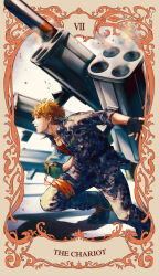  adam's_apple black_boots black_gloves blue_eyes blurry boots border breast_pocket brown_border busujima_mason_rio camouflage camouflage_jacket camouflage_pants card_(medium) collarbone commentary_request depth_of_field dog_tags fingerless_gloves from_side fukeda_chiho gloves grey_jacket grey_pants highres holding holding_walkie-talkie hypnosis_mic hypnosis_microphone jacket lace-up_boots leaning_forward leg_ribbon legs_apart missile orange_border orange_hair ornate_border outside_border pants parted_lips partially_unbuttoned pocket profile red_ribbon ribbon serious short_hair sidelighting sleeves_rolled_up smoke smoke_trail smoking_barrel squatting swept_bangs tarot tarot_(medium) twitter_username very_short_hair walkie-talkie weapon_request 