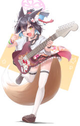  1girl :3 :d ;3 ;d absurdres alternate_costume alternate_hair_color alternate_hairstyle animal_ear_fluff animal_ears belt_collar black_hair blue_archive blue_hair blush bracelet brown_shoes collar colored_inner_hair commentary extra_ears eyelashes eyeshadow fang fox_ears fox_girl fox_hair_ornament fox_shadow_puppet fox_tail full_body guitar hair_intakes halo hands_up happy highres holding holding_guitar holding_instrument instrument izuna_(blue_archive) jewelry loafers looking_at_viewer makeup medium_hair miniskirt multicolored_hair multiple_bracelets one_eye_closed open_mouth pink_eyeshadow pink_halo plaid_clothes plaid_skirt pleated_skirt ponytail red_skirt shirt shoes short_sleeves simple_background skirt smile solo standing standing_on_one_leg star_(symbol) t-shirt tail tareme thigh-highs tomonx two-tone_hair white_background white_shirt white_thighhighs wide_sleeves yellow_eyes zettai_ryouiki 
