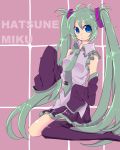  1girl absurdres blue_eyes boots character_name detached_sleeves green_hair hatsune_miku highres long_hair necktie sayo25 single_thighhigh sitting skirt sleeves_past_wrists solo thigh_boots thighhighs twintails very_long_hair vocaloid wariza 