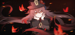  1girl absurdres black_nails brown_coat brown_hair brown_hat bug butterfly closed_mouth coat flower flower-shaped_pupils genshin_impact hair_flaps hands_on_own_cheeks hands_on_own_face hat hat_flower hat_tassel highres hu_tao_(genshin_impact) jewelry lingxing_spooradic long_hair long_sleeves looking_at_viewer plum_blossoms porkpie_hat red_butterfly red_eyes red_flower ring sidelocks simple_background smile solo symbol-shaped_pupils twintails upper_body very_long_hair 