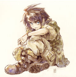  1boy black_boots black_hair blue_eyes boots bracelet brown_pants cargo_pants commentary_request dated full_body green_jacket gundam gundam_tekketsu_no_orphans highres jacket jewelry li_(lithium0522) male_focus mikazuki_augus pants signature sitting sleeves_rolled_up solo 