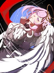  1girl breasts chinese_commentary commentary_request dress elysia_(herrscher_of_human:_ego)_(honkai_impact) elysia_(honkai_impact) finger_to_mouth grey_dress halo highres honkai_(series) honkai_impact_3rd large_breasts medium_hair multicolored_hair musical_note pink_hair shushing smile solo two-tone_hair violet_eyes white_hair white_wings wings yu_chen 