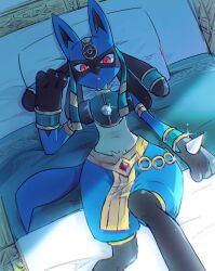  black_fur blue_fur clothed_pokemon commentary_request hakata_no_kuma highres looking_at_viewer lucario lucario_(ruins) lying multicolored_fur official_alternate_costume on_back on_bed pillow pokemon pokemon_(creature) pokemon_unite red_eyes solo spikes yellow_fur 