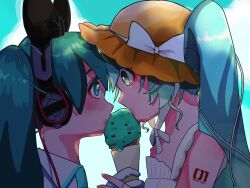  aqua_eyes aqua_hair brown_hat commentary_request dual_persona eye_contact food from_side hat hatsune_miku headphones highres holding holding_hands holding_ice_cream_cone ice_cream ice_cream_cone long_hair looking_at_another profile selfcest twintails vocaloid yano_0o0 yuri 