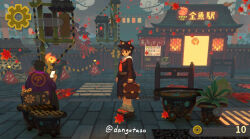  1boy 1girl animal_ears animal_hat black_hair black_hat black_serafuku black_shirt black_skirt briefcase building cellphone closed_mouth coin commentary_request crosswalk fake_animal_ears gears hat holding holding_phone holed_coin long_sleeves original outdoors peaked_cap phone pleated_skirt puffy_long_sleeves puffy_sleeves road school_briefcase school_uniform serafuku shirt short_hair skirt smile standing traffic_cone traffic_light translation_request trash_can usagino_suzu vending_machine 