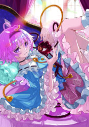  1girl absurdres black_hairband blue_shirt buttons closed_mouth collared_shirt commentary_request disembodied_linked_eye eyeball floral_print frilled_shirt_collar frilled_skirt frilled_sleeves frills hair_ornament hairband heart heart_button heart_hair_ornament highres komeiji_satori l.f. legs_up long_sleeves looking_at_viewer lying on_back pink_eyes pink_hair pink_skirt print_skirt revision ribbon-trimmed_collar ribbon_trim rose_print shirt short_hair skirt smile socks solo touhou white_socks wide_sleeves 