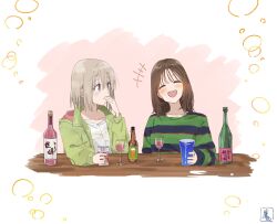  2girls aoyama_yoshino beer_bottle blush bottle brown_hair closed_eyes commentary_request cup drinking_glass drunk green_jacket green_shirt grey_hair highres holding holding_cup jacket kamiina_botan_yoeru_sugata_wa_yuri_no_hana kanaria_hisagi medium_hair multiple_girls open_mouth sake_bottle shirt short_hair smile striped_clothes striped_shirt tonami_ibuki upper_body violet_eyes voice_actor voice_actor_connection white_shirt wine_glass 