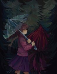 1girl absurdres braid braided_twintails brown_hair commentary english_commentary forest from_side highres holding holding_umbrella long_hair long_sleeves madotsuki nature night pink_sweater pleated_skirt purple_skirt skirt solo sweater transparent transparent_umbrella tree turtleneck turtleneck_sweater ufokia umbrella walking yume_nikki 
