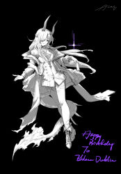  1girl absurdres arknights asic_(2595268715) black_background closed_mouth commentary_request dragon_girl dragon_horns dragon_tail fire flame-tipped_tail fold-over_boots full_body greyscale hair_over_one_eye happy_birthday highres holding horns jewelry long_hair monochrome multiple_horns multiple_rings necrass_(arknights) ring signature simple_background solo spot_color tail thigh-highs torn_clothes torn_thighhighs very_long_hair 
