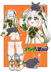  1girl absurdres animal_on_head animal_on_lap animalization anklet arm_at_side arm_up armlet asymmetrical_sidelocks black_cat border bracelet cat cat_on_head cat_on_lap clenched_hand closed_eyes cross-shaped_pupils detached_sleeves dress eyelashes eyeliner facing_to_the_side fingernails gem genshin_impact gold_anklet gold_armlet gold_bracelet gold_trim green_eyes green_gem green_hair green_sleeves hair_between_eyes hand_up highres jewelry long_hair looking_at_animal makeup multicolored_hair multiple_views nahida_(genshin_impact) ngr_a_00 on_head on_lap open_hands open_mouth orange_background petting pointy_ears red_eyeliner scaramouche_(cat)_(genshin_impact) scaramouche_(genshin_impact) side_ponytail sidelocks sitting socks solo streaked_hair symbol-shaped_pupils tareme toeless_socks toenails toes tongue tongue_out translation_request whiskers white_border white_dress white_hair white_socks x_anus yellow_pupils 