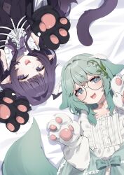  2girls :d absurdres animal_ears animal_hands bed_sheet black_dress bow cat_ears cat_girl cat_tail center_frills choker commentary dog_ears dog_tail dress fangs frills glasses gloves green_eyes green_hair hair_ornament highres indie_virtual_youtuber long_hair long_sleeves looking_at_viewer lying multiple_girls on_back open_mouth paw_gloves pointy_ears purple_hair rotational_symmetry round_eyewear shirt sleepiebug smile tail untranslatable_commentary valefal_coneri violet_eyes virtual_youtuber white_dress white_shirt 