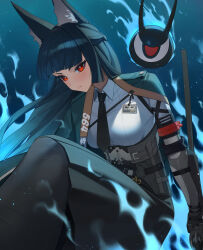  1girl animal_ear_fluff animal_ears aqua_jacket black_hair black_necktie black_pantyhose black_skirt blue_background blue_fire breasts closed_mouth commentary_request fire fox_ears fox_girl gauntlets highres holding holding_sword holding_weapon hoshimi_miyabi jacket katana korean_commentary long_hair looking_at_viewer narut_(gurenarut) necktie pantyhose red_eyes shirt sidelocks simple_background single_gauntlet skirt sword tailless_(zenless_zone_zero) weapon white_shirt zenless_zone_zero 