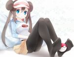  black_legwear blue_eyes brown_hair double_bun feet female_protagonist_(pokemon_bw2) hat highres mei_(pokemon) pantyhose poke_ball pokemon pokemon_(game) pokemon_bw2 raglan_sleeves sitting skirt solo usotsukiya visor visor_cap 