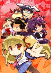  1girl 5boys \||/ alternate_costume angel_beats! animal_ear_hairband animal_ears apron black_dress black_hair black_kimono black_pantyhose blue_bow blue_bowtie blue_sailor_collar blue_skirt blunt_bangs blush blush_stickers bow bowtie brown_hair chibi chibi_only closed_mouth cowboy_shot crossdressing crossdressing_(mtf) detached_collar dress enmaided eye_mask eyes_visible_through_hair eyeshadow fake_animal_ears floating_hair flower frilled_apron frills frown fujimaki_(angel_beats!) fur_shawl green_eyes green_eyeshadow hair_bow hair_ribbon hairband highres holding holding_smoking_pipe japanese_clothes juliet_sleeves kimono komowata_haruka long_hair long_sleeves looking_at_viewer maid maid_apron makeup male_focus mask matsushita_(angel_beats!) miniskirt multiple_boys muscular muscular_male noda_(angel_beats!) nose official_art ooyama_(angel_beats!) open_mouth orange_background orange_bow orange_eyes outline outstretched_arm own_hands_together pantyhose pink_bow pink_eyeshadow playboy_bunny pleated_skirt puffy_sleeves purple_hair rabbit_ear_hairband rabbit_ears red_background red_dress red_flower red_lips red_ribbon red_rose ribbon rose sailor_collar sailor_shirt school_uniform serafuku shawl shinda_sekai_sensen_uniform shirt short_hair sidelocks simple_background skirt smile smoking_pipe spiky_hair takamatsu_(angel_beats!) triangle_mouth twintails two-tone_background v-shaped_eyebrows very_long_hair violet_eyes white_apron white_hairband white_outline white_shirt wig yusa_(angel_beats!) 