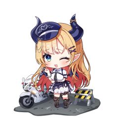  1girl black_boots black_necktie blonde_hair blush boots breasts chibi chibi_only colored_inner_hair cuffs demon_horns diorama green_eyes hair_ornament hairclip handcuffs hat highres holding holding_handcuffs hololive horns kiwipodo knee_boots large_breasts long_hair looking_at_viewer motor_vehicle motorcycle multicolored_hair necktie one_eye_closed open_mouth peaked_cap pointy_ears red_hair shirt skirt smile solo traffic_barrier two-tone_hair very_long_hair virtual_youtuber white_background white_shirt white_skirt x_hair_ornament yuzuki_choco yuzuki_choco_(police) 