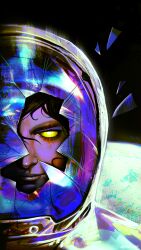  1boy asterion_(shadow_slave) astronaut black_hair broken_glass commentary empty_eyes english_commentary glass glass_shards helmet highres looking_at_viewer male_focus portrait shadow_slave short_hair smirk solo space_helmet spacesuit split_crop yellow_eyes zyro6200 