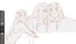  2girls art_program_in_frame blush closed_mouth commentary fujino_shizuru guri_gom highres kuga_natsuki long_hair looking_at_another monochrome multiple_girls my-hime smile tank_top yuri 