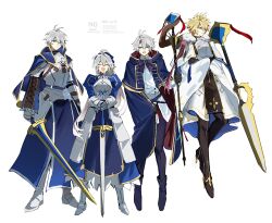  1girl 3boys alternate_form antenna_hair armor armored_boots armored_dress arthur_pendragon_(fate) arthur_pendragon_(fate)_(cosplay) artoria_caster_(fate) artoria_caster_(fate)_(cosplay) artoria_caster_(second_ascension)_(fate) artoria_caster_(third_ascension)_(fate) artoria_pendragon_(fate) belt black_belt black_boots black_pantyhose blonde_hair blue_bow blue_cape blue_capelet blue_cloak blue_dress blue_eyes blue_gem blue_shirt boots bow bowtie breastplate buttons cape capelet cloak closed_eyes closed_mouth collared_dress commentary cosplay crossdressing crossdressing_(mtf) crossed_arms crossed_bangs crossover dress excalibur_(fate/prototype) excalibur_(fate/stay_night) fate/grand_order fate/stay_night fate_(series) faulds flying full_body fur-trimmed_capelet fur-trimmed_sleeves fur_trim gauntlets gem gold_trim grey_hair hair_between_eyes hair_bow hands_up high_ponytail highres holding holding_staff holding_sword holding_weapon honkai:_star_rail honkai_(series) hood hooded_cloak jewelry lapels long_hair long_sleeves looking_at_viewer looking_to_the_side multiple_boys multiple_persona open_mouth pantyhose pauldrons pendant phainon_(honkai:_star_rail) phainon_(khaslana)_(honkai:_star_rail) ponytail puffy_long_sleeves puffy_sleeves purple_bow purple_bowtie red_cloak saber_(fate) saber_(fate)_(cosplay) shirt short_hair shoulder_armor simple_background smile ss_un17 staff staff_of_selection_(fate) standing sword two-sided_capelet two-sided_cloak two-sided_fabric untranslatable_commentary v-shaped_eyebrows watermark weapon white_armor white_background white_capelet white_dress wide_sleeves yellow_eyes 